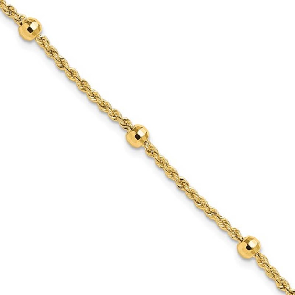 Solid 14K Yellow Gold Rope Chain w/ Beads Station Bracelet 7 inch